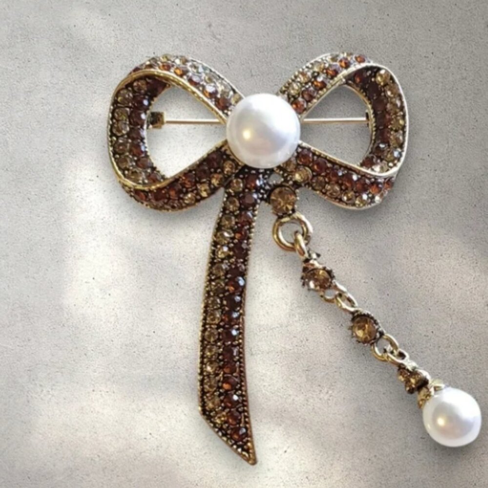 Rhinestone Bow Brooch with Pearl Accents